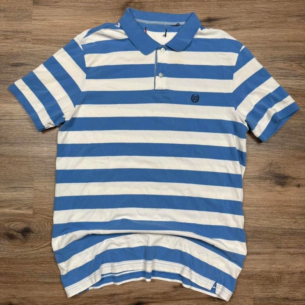white and blue striped chaps polo shirt